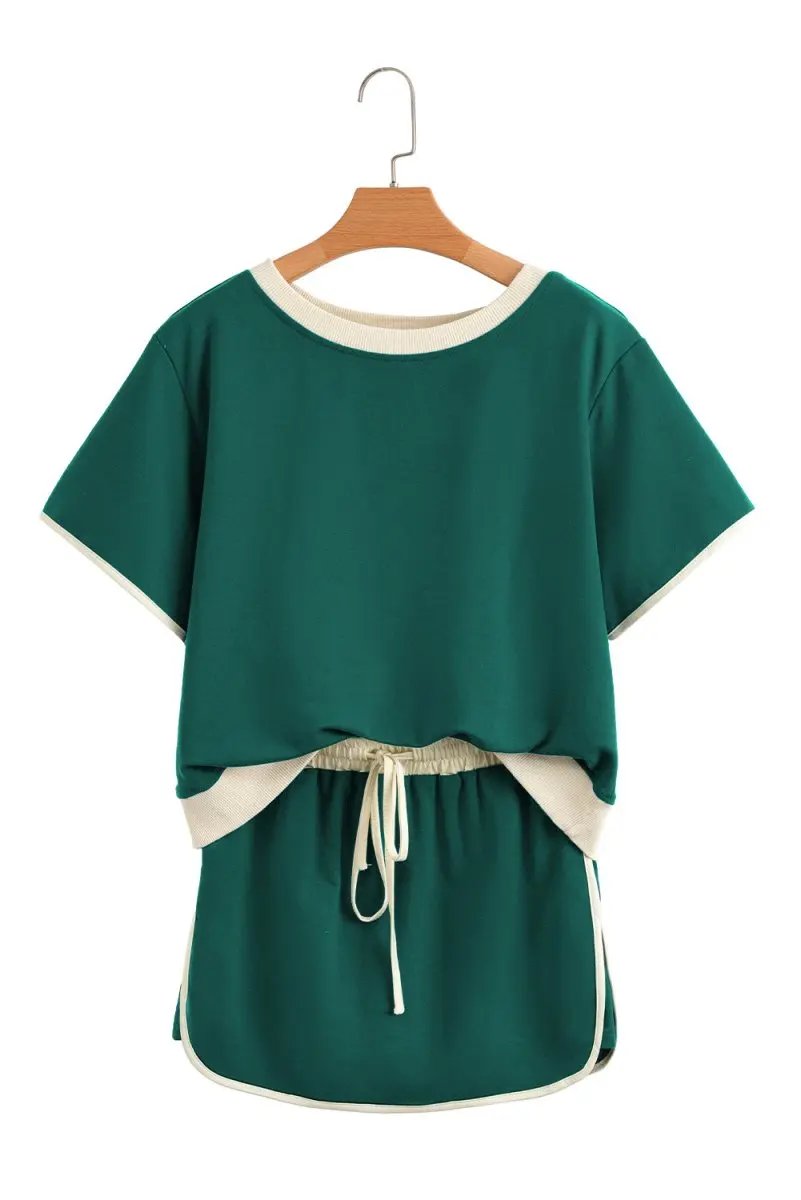 Evergreen Colorblock Edge Drop Shoulder T Shirt and Skort Set - Love Salve